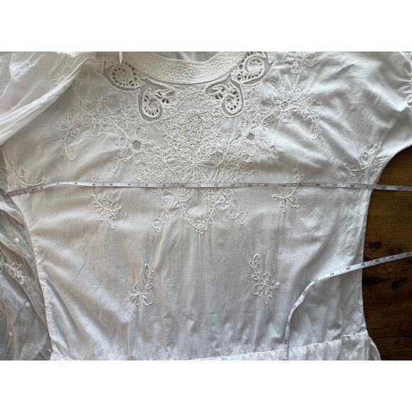 Womens White L/XL Short Sleeves Embroidery Tie Waist Prairie/BOHO Dress FLAWS - Picture 6 of 9